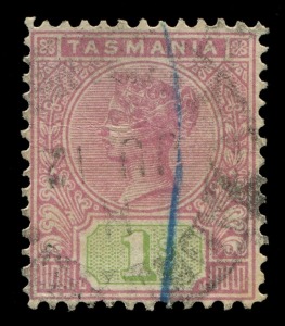 TASMANIA: 1906-09 (SG.257c) 1/- Tablet Compound Perf. 12½x12½x12x12½, postally used with lightly struck cds and a blue crayon line cancel; Cat. £275 (unused), unpriced used. Extension facilities available.
