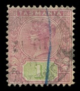 TASMANIA: 1906-09 (SG.257c) 1/- Tablet Compound Perf.&nbsp;12&frac12;x12&frac12;x12x12&frac12;, postally used with lightly struck&nbsp;cds and a blue crayon line cancel;&nbsp;Cat. &pound;275 (unused), unpriced used. Extension facilities available.