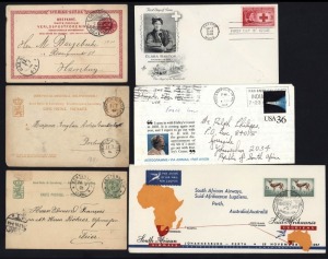 COVERS & POSTAL STATIONERY: with South Africa 1934 Flight Postcard Germiston-Brisbane for Opening regular service to UK (AAMC.469) and 1957 Johannesburg-Perth SAA flight cover; also 19th century European Postal Cards from Luxembourg (2) and Sweden (2), incl. 1886 Karlskrona to Iserlohn (Germany) with Swedish 'PKXP No 2' transit datestamp, plus early 20th C. South American stationery items (3), and two other covers; condition variable. (11 items)