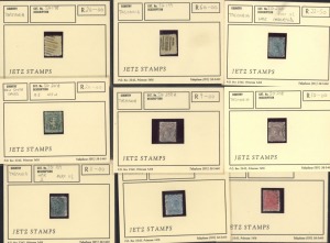 AUSTRALIAN COLONIES & STATES - General & Miscellaneous Lots: NSW, QUEENSLAND & TASMANIA: modest used array on dealer stockcards with NSW 1890 5/- Map P.10 (pulled perf), 1882-97 3d Perf 'OS/NSW';  TASMANIA 1880-91 4d deep yellow (2) & 4d chrome-yellow Sid
