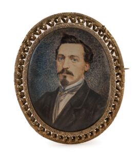 Napoleon III antique miniature portrait brooch in gilt metal mount, 19th century, 5cm high overall