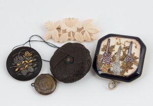 Japanese Satsuma pendant, ivory brooch, metal ware brooch, locket and netsuke toggle, (5 items), the Satsuma 5cm high