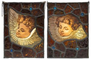 Two antique English stained glass church window fragments with angels, ​​​​​​​(one cracked), 32 x 22cm each