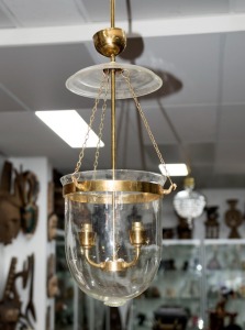 A brass hanging light with hand-blown glass shade, 20th century, ​​​​​​​110cm high