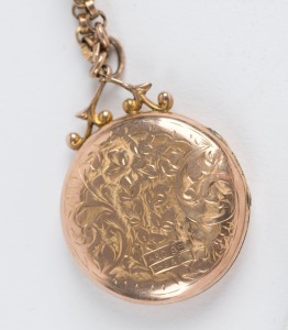 An antique 9ct gold engraved locket on a gold finished chain, 19th/20th century, ​​​​​​​the locket 4cm high overall