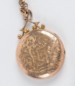 An antique 9ct gold engraved locket on a gold finished chain, 19th/20th century, the locket 4cm high overall
