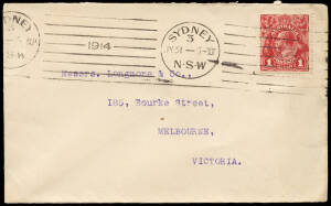 1914 (July 31) &nbsp;usage of KGV 1d red, single line perforation on a commercial cover, Sydney - Melbourne.