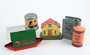 Five vintage metal money boxes, circa 1950s-60s, three Israeli, one Thai and one Finnish,  the largest 19cm wide