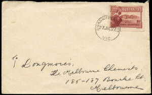 1920's to 1950's group of mainly Victorian commercial covers with single frankings. Incl. advertising covers, a few airmails etc. Good range of cds cancels, noted "Katandra West", "T.O. Rockbank" and "Swanwater West". Mainly fine.