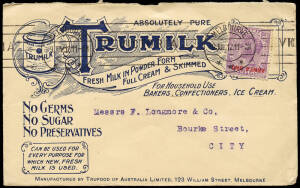 1886-1950 group of advertising covers, noted 1912 "Trumilk", 1950 "Magpie Cleaner" and 13 other. Plus 6 postage due covers 1910-49 majority taxed "2". &nbsp;Mixed condition.