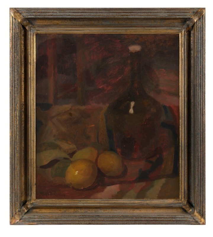 SYBIL CRAIG (1901-1985), (still life with bottle and fruit), oil on board, signed lower left "Sybil Craig", 41.5 x 36.5cm, 56 x 50cm overall