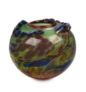 KEITH ROWE Australian spherical art glass vase with green ground, impressed stamps "K" and "R", ​​​​​​​18cm high