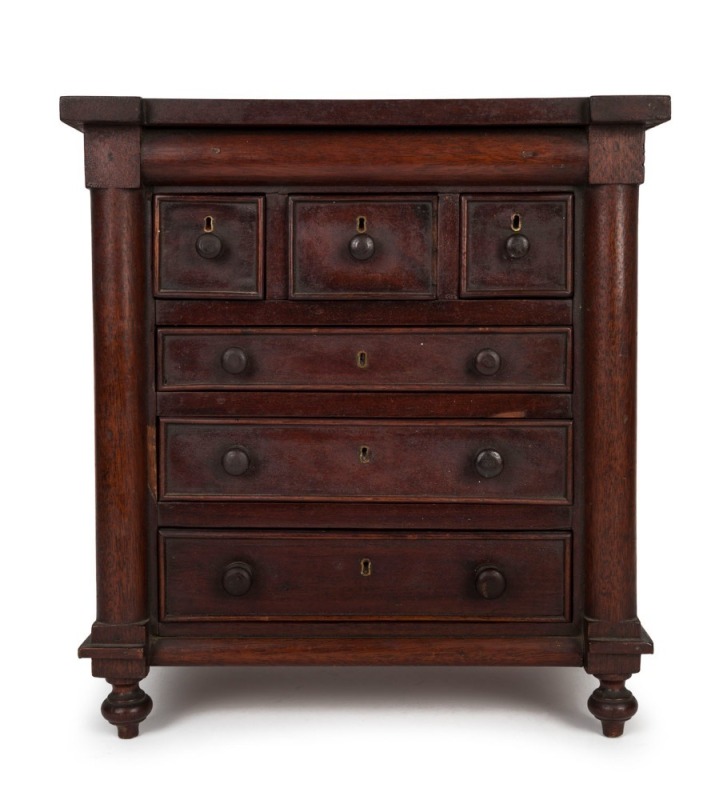 An antique apprentice chest of drawers, cedar, mahogany and pine, 19th century, 37.5cm high, 34cm wide, 22cm deep