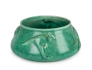 MELROSE WARE "Kangaroo" bowl with green glaze, stamped "Melrose Ware, Australian", 10.5cm high, 25cm diameter