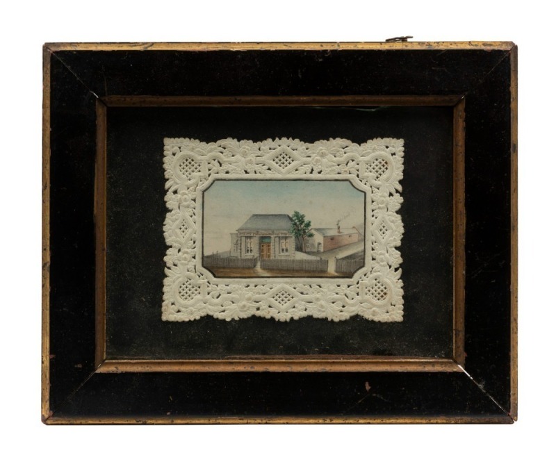 ARTIST UNKNOWN (19th century Australian), The Grammar School, (circa 1835-45), most likely Tasmania, watercolour on card,  9 x 12.5cm, 20 x 25cm overall