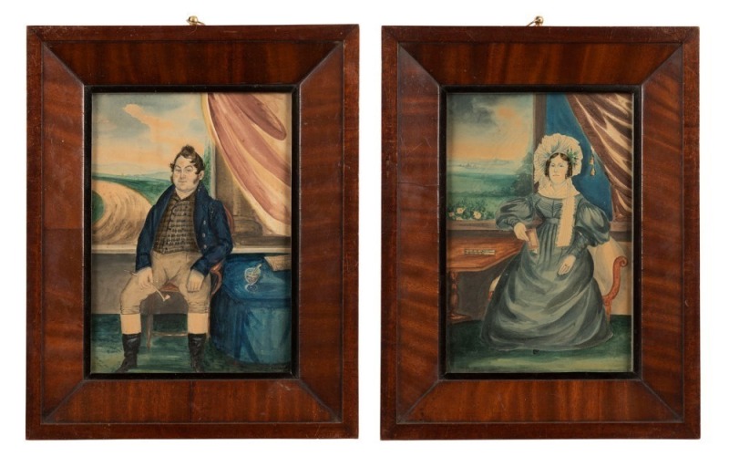 ARTIST UNKNOWN (early 19th century), pair of husband and wife portraits, watercolours, housed in original mahogany frames with ebony slips, ​​​​​​​25 x 18cm each, 36 x 29cm each overall