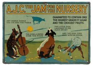 VINTAGE ADVERTISING SIGN: "A.J.C. THE JAM FOR THE NURSERY", circa 1920s, lithographic tin advertising sign, 34 x 48cm.