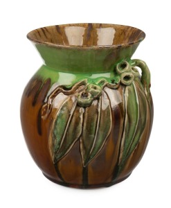 REMUED impressive pottery vase with applied gumnuts and leaves, glazed in lime green and brown, most likely the hand of MARGARET KERR, incised "Remued Hand Made, 300 LM", 21.5cm high, 20cm wide