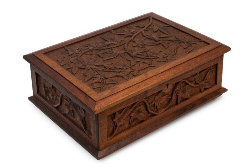 An Australian Arts & Crafts box, carved jarrah, engraved "J.R. 1903", Western Australian origin, 19th/20th century, 14cm high, 38cm wide, 27cm deep