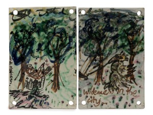 DEBORAH HALPERN "Wilderness In The City" pair of hand-painted pottery plaques, signed "D.D. Halpern", 30 x 20cm