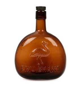 "EMU BRAND" Australian wine bottle with embossed emu logo, mid 1860s, 22cm high