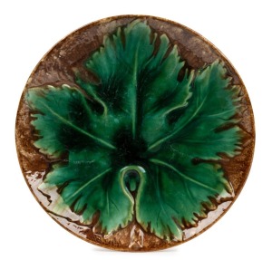 McHUGH pottery grape leaf plate, incised "H. McHUGH, Tasmania", 25cm wide