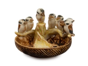 "Seven Little Australians" vintage Japanese ceramic bowl adorned with kookaburras, 10cm high, 14.5cm wide