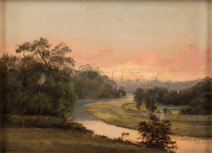 Artist Unknown (A bend in the Yarra River), oil on canvas, laid down on board, initialled indistinctly at lower left, 25 x 34cm; overall 36 x 45cm. The canvas bears the handstamp of GEO. ROWNEY & CO 52, RATHBONE PLACE AND 29, OXFORD STREET, W. LONDON. Th