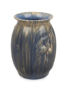 MELROSE WARE pottery vase with gumnuts and leaves, unusual mauve glaze stamped "Melrose Ware, Australian", ​​​​​​​19cm high,