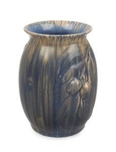 MELROSE WARE pottery vase with gumnuts and leaves, unusual mauve glaze stamped "Melrose Ware, Australian", 19cm high,
