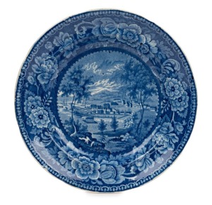 "HOBART TOWN" circa 1825, Staffordshire earthen ware plate with blue & white transfer pattern. (After) George William Evans who originally published the image as a frontispiece to his book on the colony in 1822. Earliest known depiction of Australia on porcelain or earthen ware. Extremely rare & desirable. 23cm diameter