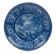 "HOBART TOWN" circa 1825, Staffordshire earthen ware plate with blue & white transfer pattern. (After) George William Evans who originally published the image as a frontispiece to his book on the colony in 1822. Earliest known depiction of Australia on po