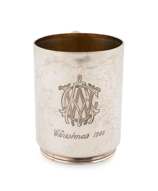 BRUNKHORST Australian sterling silver christening mug with engraved monogram and dated 1900, stamped "BRUNKHORST, ADELAIDE", with pictorial marks, 8cm high, 121 grams