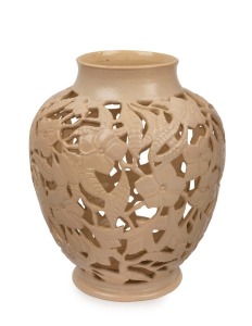 KLYTIE PATE pierced pottery vase with frangipani decoration, incised "Klytie Pate", 25.5cm high