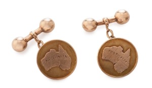 AUSTRALIAN FEDERATION pair of 9ct yellow gold cufflinks adorned with Australian maps, late 19th century, star and sheaf pictorial marks, stamped "9", 8.2 grams total