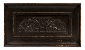 HARRY HARVEY "Mischief" Melbourne Art Society pottery plaque in original oak frame, early 20th century, title label and details verso, 8 x 22cm, 18 x 32cm overall