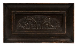 HARRY HARVEY "Mischief" Melbourne Art Society pottery plaque in original oak frame, early 20th century, title label and details verso, 8 x 22cm, 18 x 32cm overall