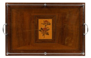 An Australian timber serving tray with chrome gallery, inlaid with waratah marquetry work, 19th/20th century, 65cm across the handles