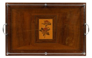 An Australian timber serving tray with chrome gallery, inlaid with waratah marquetry work, 19th/20th century, 65cm across the handles