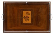 An Australian timber serving tray with chrome gallery, inlaid with waratah&nbsp;marquetry work, 19th/20th century, 65cm across the handles