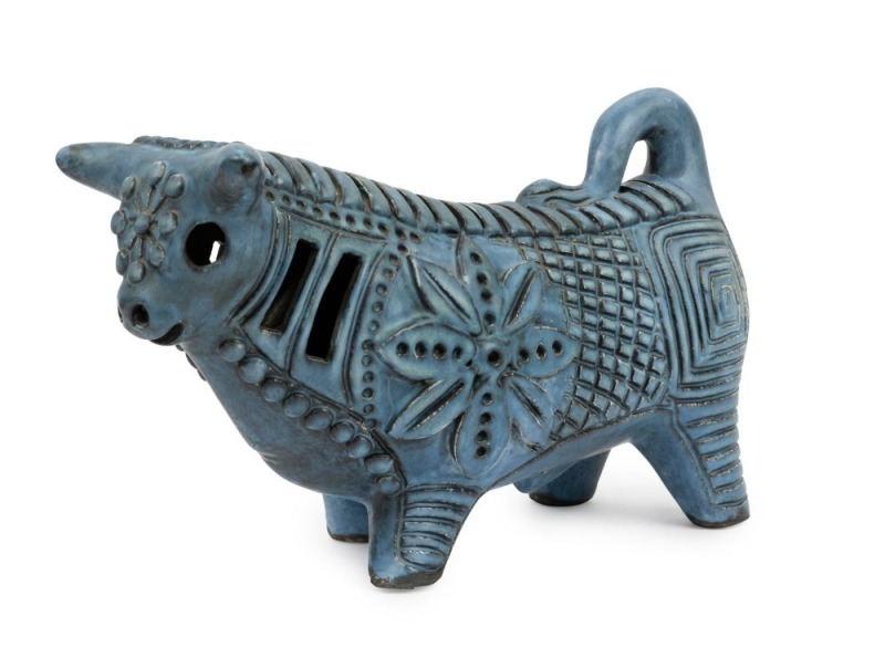 McLAREN blue glazed pottery bull, incised "McLaren", 19cm high x 30cm long