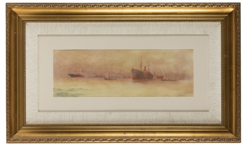 FREDERICK JAMES ELLIOTT (1869 - 1949), (Sydney Harbour ships in port), watercolour, signed lower right "F. Elliott", 19 x 55 cm, 54 x 90cm overall