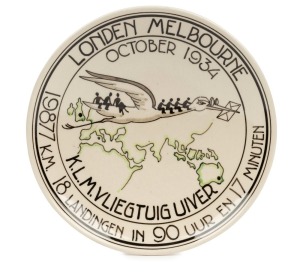 AVIATION: "LONDON TO MELBOURNE, OCTOBER 1934" Dutch porcelain plate by Gouda bearing the translated inscription "19877km, 18 Landings, 90 Hours and 17 Minutes", signed "No.265, Koninklijk Goedewaagen Gouda", ​​​​​​​18.5cm diameter