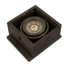 E. ESDAILE & SONS, Sydney, N.S.W. A 'SIRIUS' trademark marine compass with fluid filled brass bowl and fitted gimbal ring, housed in original lidded hardwood box, circa 1910. The box 11cm high, 21cm wide, 17cm deep