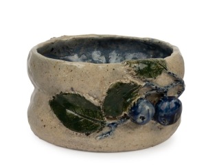 MERRIC BOYD (attributed) pottery bowl with applied fruit and leaves, incised to the base (illegible), 7cm high, 14cm wide