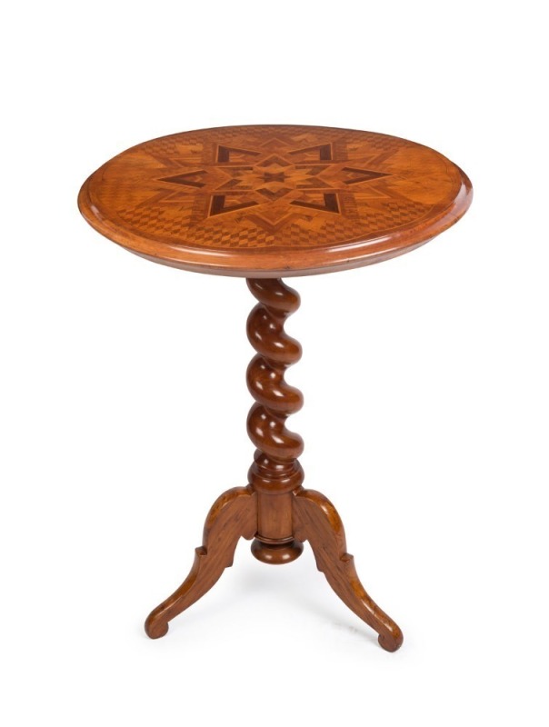 ANTON SEUFFERT (1815-1887) New Zealand, fine and rare tilt-top wine table with mottled Kauri tapering barley twist stem and three scroll legs, radiating starburst marquetry top with lozenge parquetry ground, inlaid with numerous native timbers, circa 1870