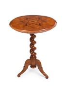 ANTON SEUFFERT (1815-1887) New Zealand, fine and rare tilt-top wine table with mottled Kauri tapering barley twist stem and three scroll legs, radiating starburst marquetry top with lozenge parquetry ground, inlaid with numerous native timbers, circa 1870