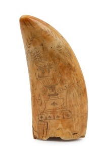 A scrimshaw whale's tooth engraved with an urn flanked by a captain and his wife, 14cm high