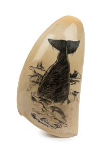 A scrimshaw whale's tooth engraved with a whaling scene and tallship, 13cm high