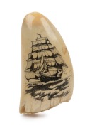 A scrimshaw whale's tooth engraved with a whaling scene and tallship, 13cm high - 2